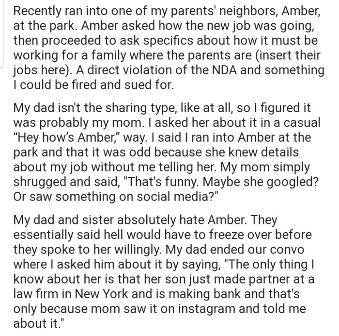OP discovered that someone in their family gave their parent's neighbor some details about their job.