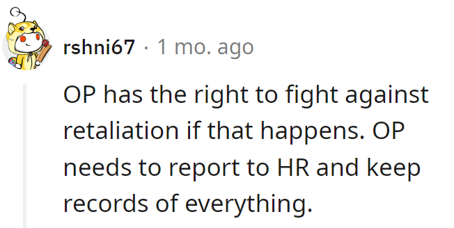 OP's superhero move: Reporting to HR with a shield of meticulous records. Workplace villains, beware the paperwork!