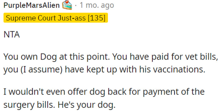 OP shouldn't even consider giving the dog back in exchange for payment of the surgery bills.