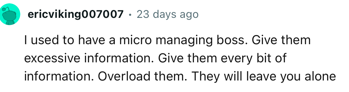 “Give them every bit of information. Overload them. They will leave you alone.”