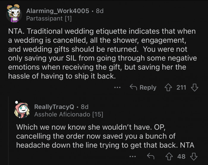 OP saved her SIL the hassle of returning the gift.