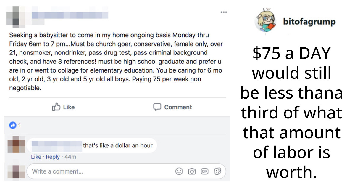 "Choosing Beggar" Advertises Babysitting Job For A $75 Weekly Salary With A List Of Outlandish Requirements And No Benefits