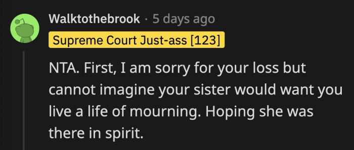 OP Knows in Her Heart That Her Sister Would Have Wanted Her to Have a Good Day. She Shouldn't Be Punished for That.