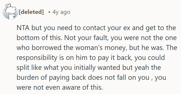 It acknowledges her instinct to be fair while gently reinforcing that she cannot carry a debt she never agreed to.