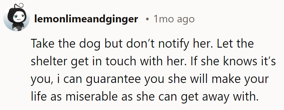 Take the dog incognito; let the shelter handle it. Avoid her wrath; keep life peaceful.