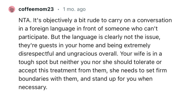 “It's objectively a bit rude to carry on a conversation in a foreign language in front of someone who can't participate.”