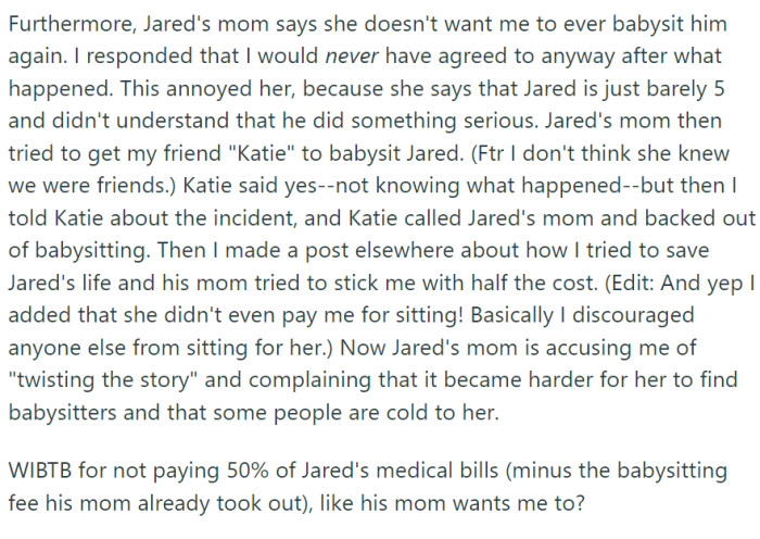 Following this incident, Jared's mother took him to the doctor, where it was discovered that one of his ribs had been cracked during the Heimlich maneuver.