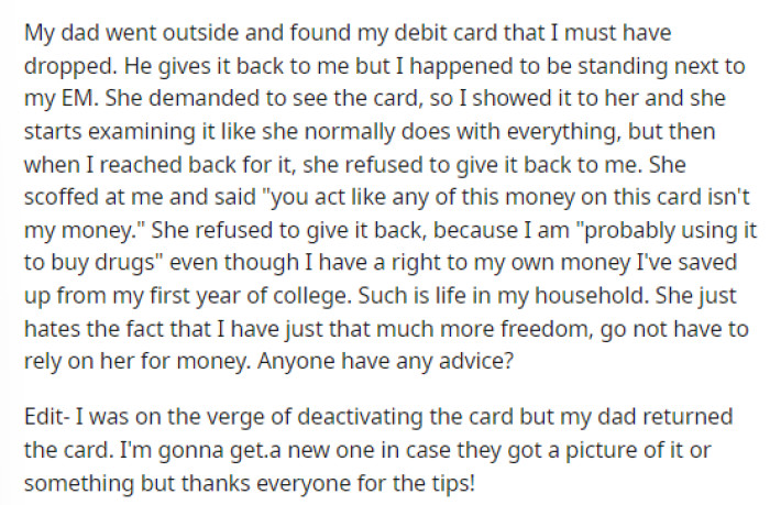 OP's post was actually really short but explained everything we need to know in order to give her some advice in the comments section.