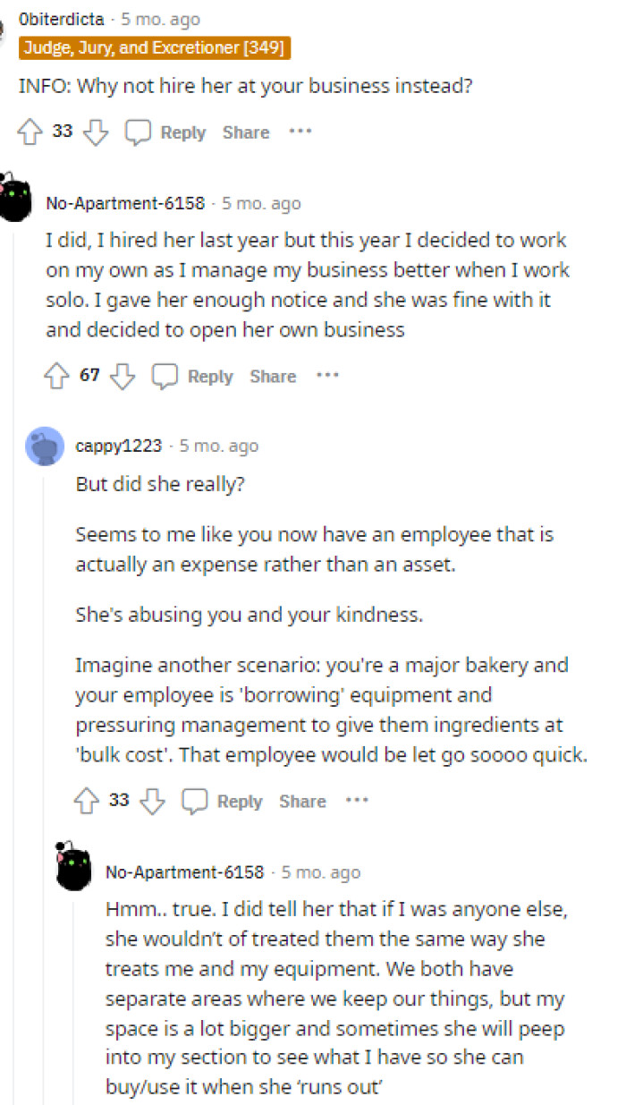 OP even provided some responses that helped us understand how the businesses were started and how things progressed as they both operated their baking businesses.