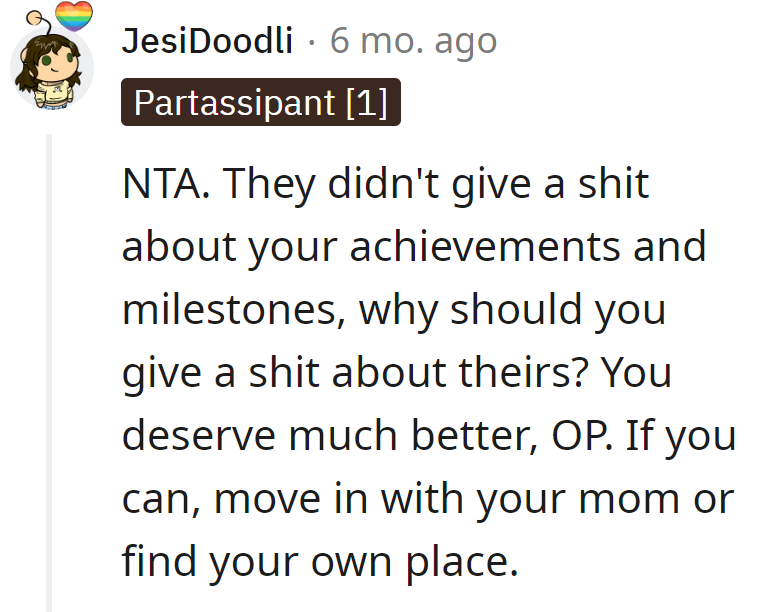 Why RSVP to their milestones when they no-showed for hers? It's time to upgrade living situations, perhaps with Mom or in a new place.