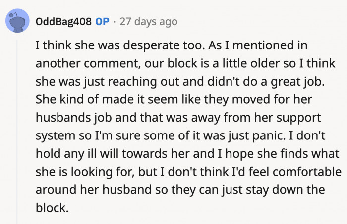 OP has her reasons for staying away but she does hope that the mom can find the support she needs