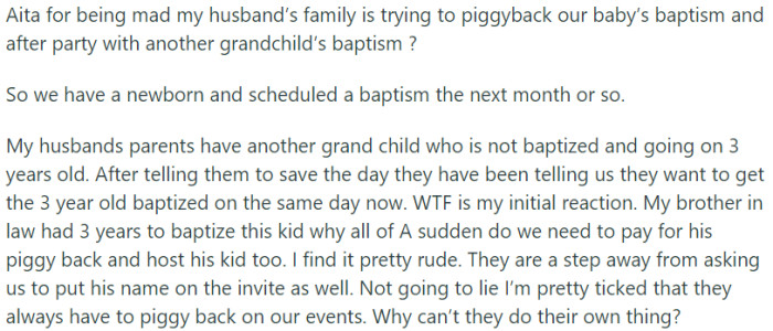 OP is upset because her husband's family wants to combine their baby's baptism and after-party with another grandchild's baptism