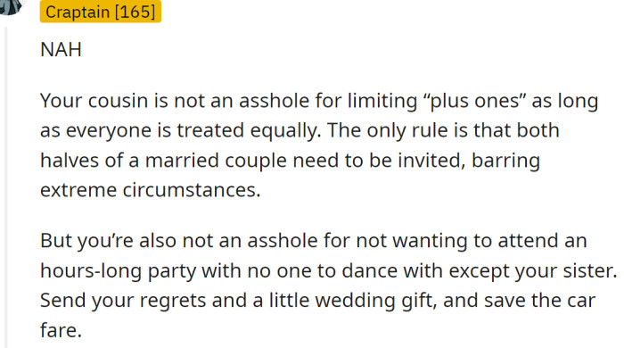 Cousin has the right to limit 'plus ones.'