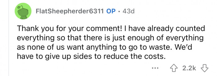 OP had to give up some meals to reduce the cost.