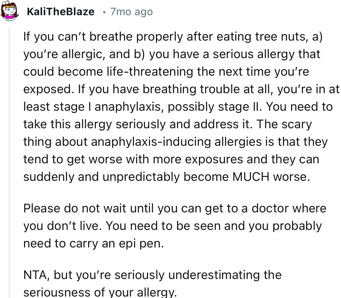 “NTA, but you’re seriously underestimating the seriousness of your allergy.”