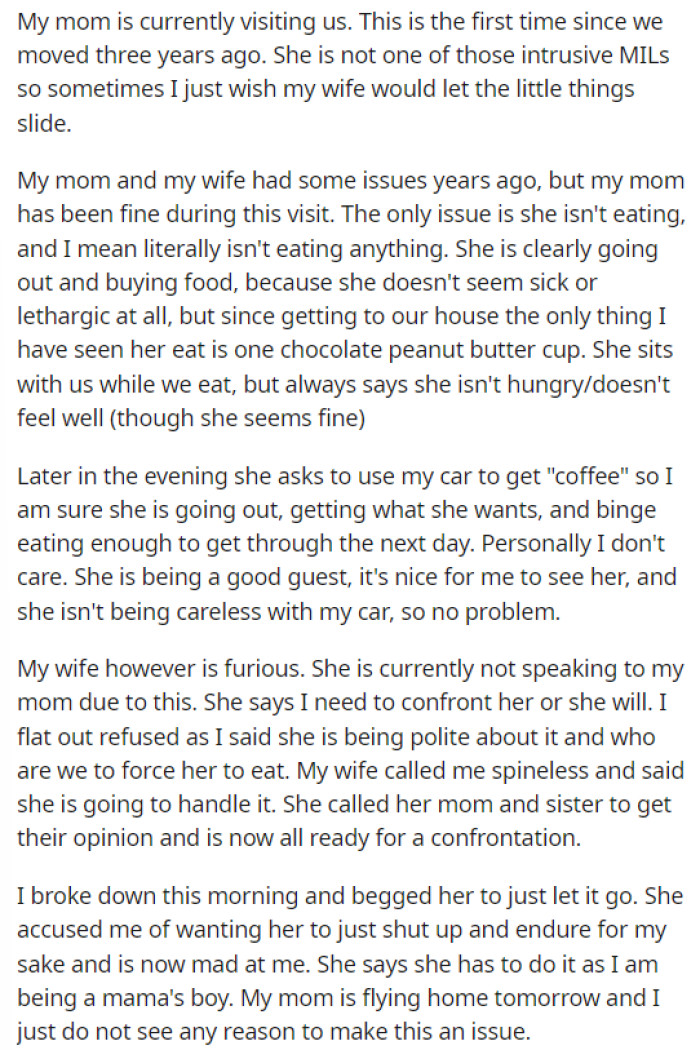 Here is OP's full post about the situation, where he describes details about how his mom is acting and what his wife is asking him to do.