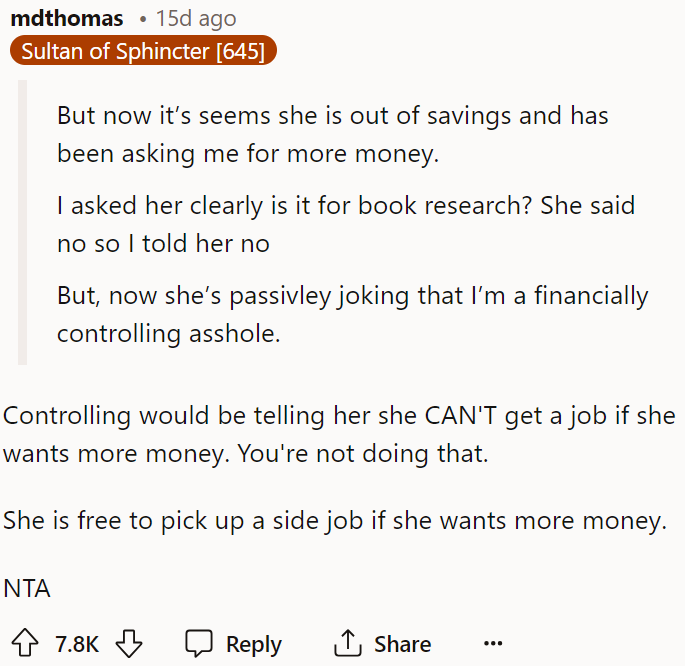 I don't understand why he should support her if she can get a job but is simply choosing not to.