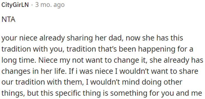 This specific tradition is something special between OP and her niece.