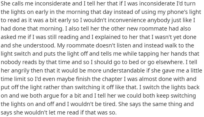 The roommate insists that OP should not be allowed to read if she keeps the lights on.