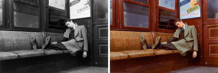 Man sleeping on the subway, 1939.