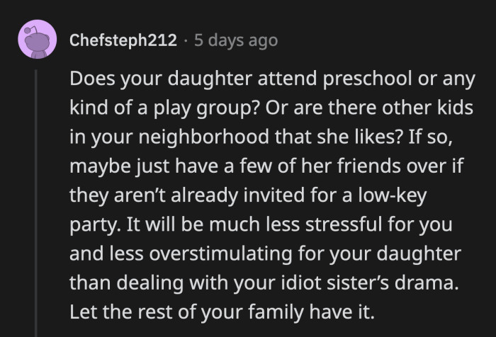 If her family boycotts her daughter's party, OP can extend the invite to the kids from her class