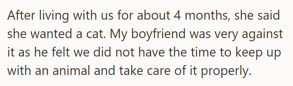 After 4 months, the sister wanted a cat, but the boyfriend opposed, citing time constraints.