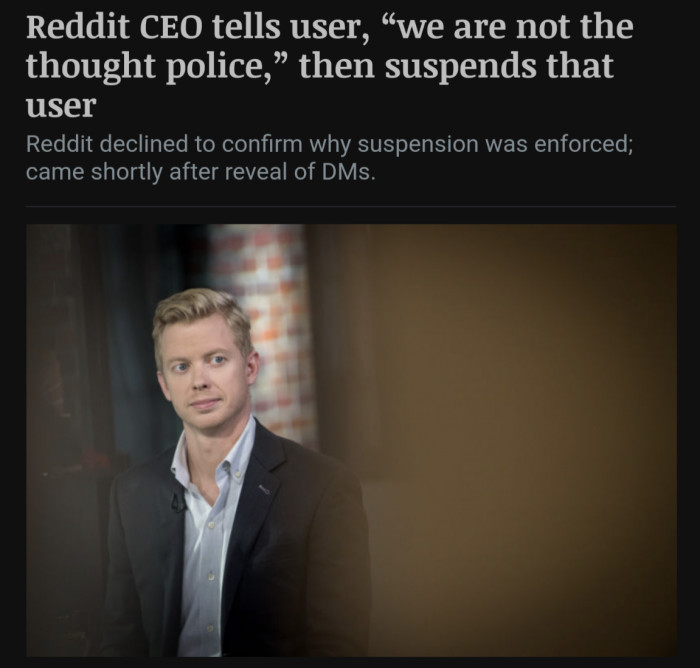 Reddit CEO tells user, “we are not the thought police,” then suspends that user