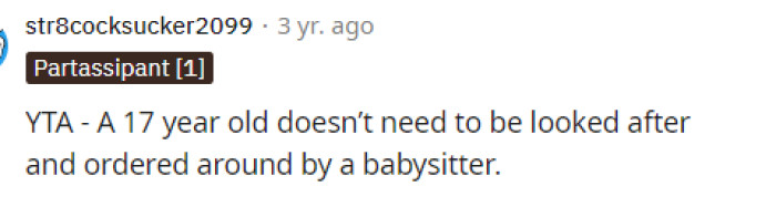 This person definitely expressed everything we were thinking because a 17-year-old doesn't need a babysitter.