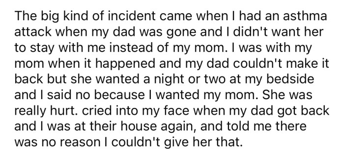 OP's stepmom made a fuss when the Redditor was sick and wanted her mom instead of her.