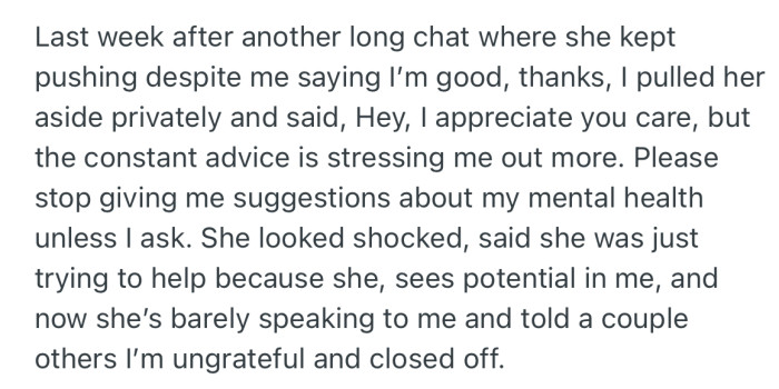 After getting fed up, OP pulled Sarah aside and respectfully asked her to stop giving him suggestions about his mental health. Now, Sarah no longer speaks to OP again and sees him as “ungrateful.”