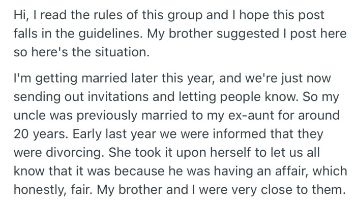 A year ago, OP’s uncle and his wife divorced because he was having an affair
