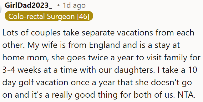 Separate vacations can be healthy for couples, providing personal space and well-being.
