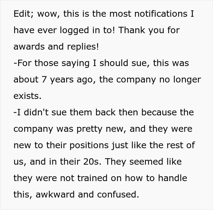 The OP decided to give her reasons why she didn't sue the company.