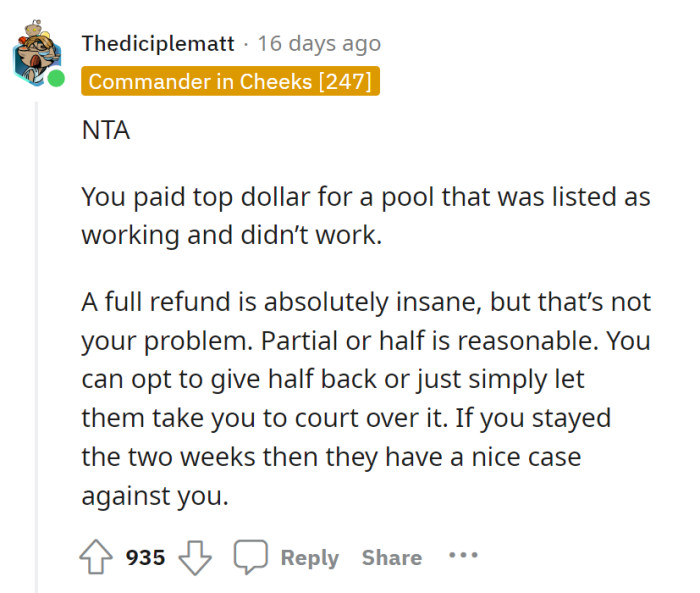Something went south with the booking. The refund was no longer OP’s problem, but the full refund would probably lead to the owners battling OP in court.