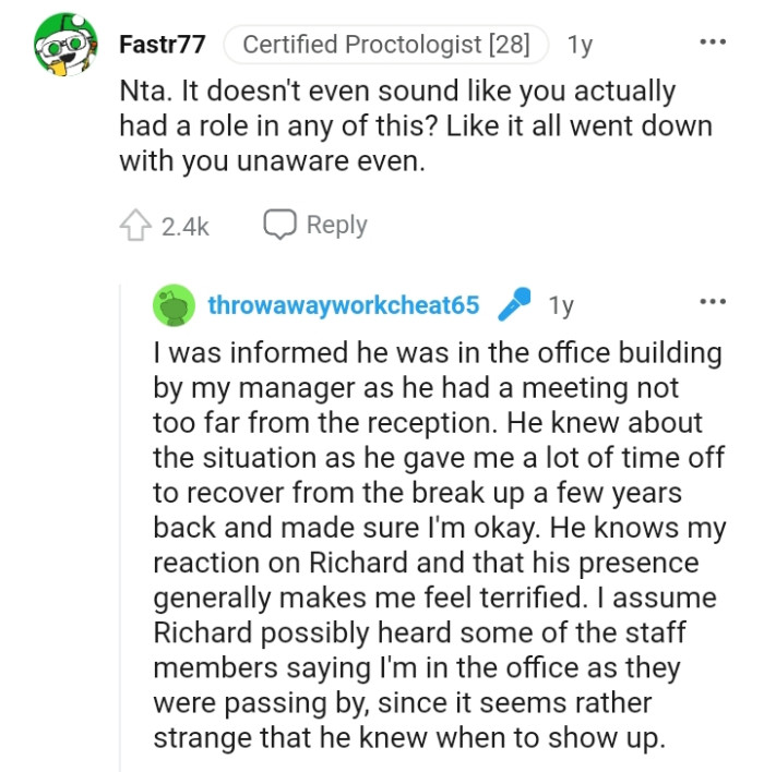 OP's manager informed her that her ex was in the building