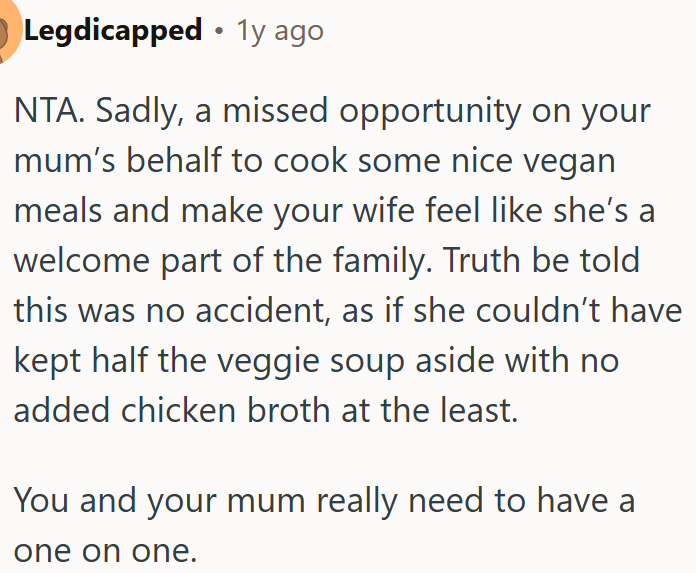 Mom’s refusal to make vegan food shows this dinner wasn’t an accident.