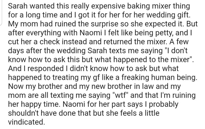 OP decided to punish Sarah by returning the wedding gift they got for her