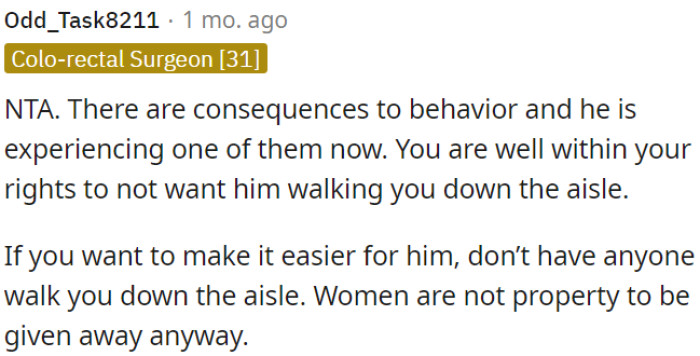 It's OP's right to not have him walk her down the aisle