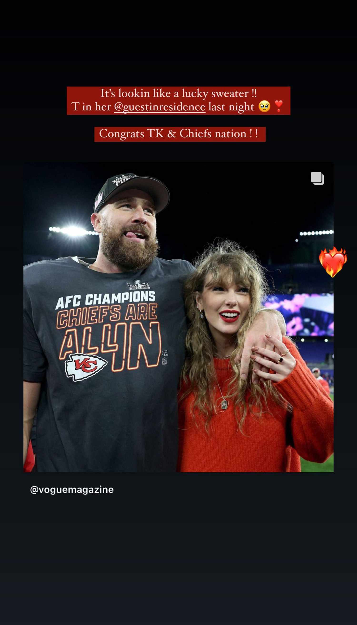 Gigi Hadid posted a picture of Taylor Swift wearing a red sweater from her own brand, 'Guest in Residence,' as the Kansas City Chiefs won against the Baltimore Ravens on January 28.