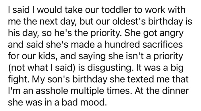 OP had a big argument with his wife after saying their son's birthday was a priority.