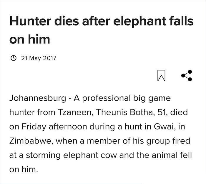 Hunter dies after elephant falls on him