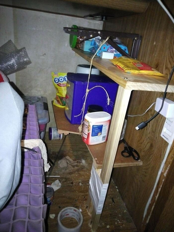 "Built A Bad Scrap Wood Shelf In Our RV To Better Organize Snacks For My Disabled Wife"
