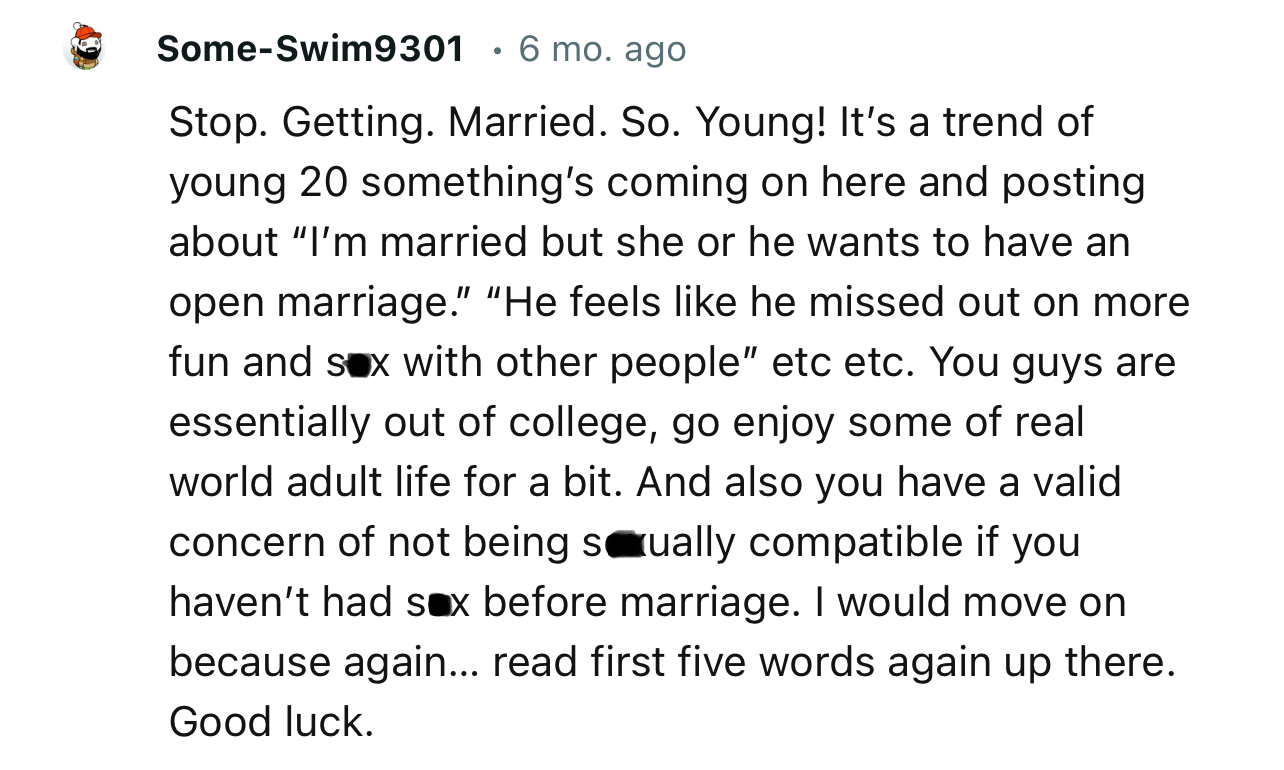 “You have a valid concern of not being sexually compatible if you haven’t had sex before marriage.”