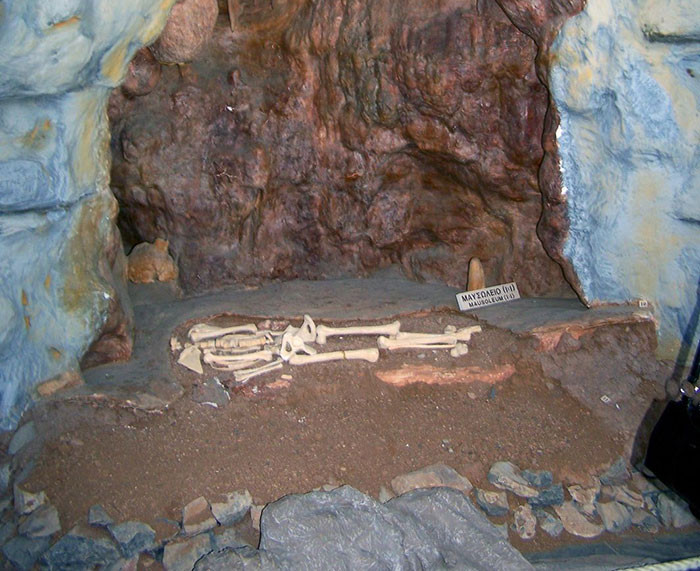 Exhibit in the Petralona Museum showing a reconstruction of the ancient human remains found in Petralona Cave.