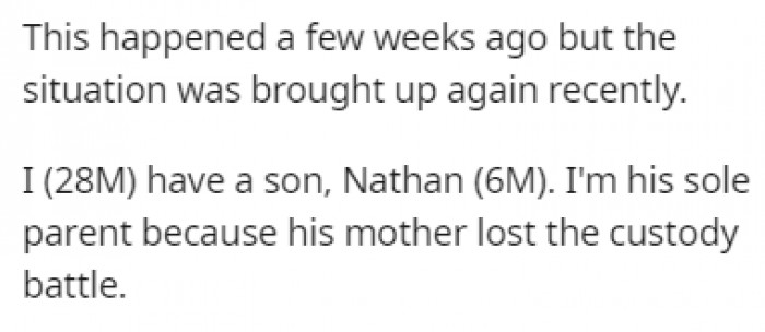 OP is a 28-year-old single father of a 6-year-old boy named Nathan