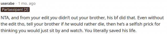 Pretty much everyone agrees that she's NTA and that she didn't even out her brother; the boyfriend did.