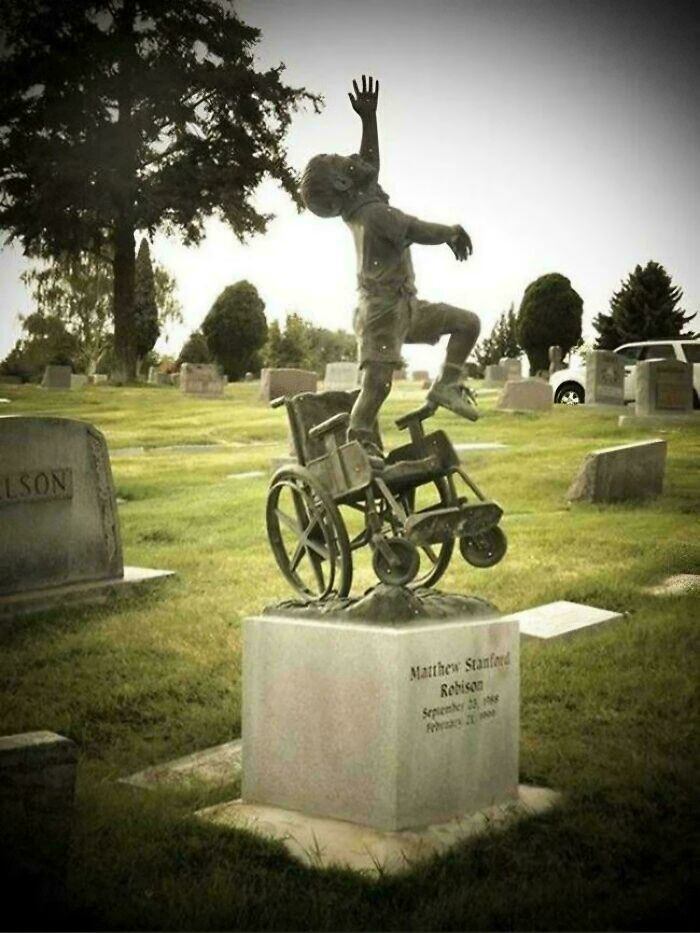 "A Father Designs A Headstone For His Wheelchair-Bound Son Depicting Him 'Free Of His Earthly Burdens'"