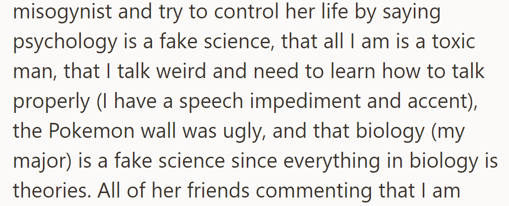 Eve's finsta criticized him for misogyny, speech, Pokémon wall, and biology major.