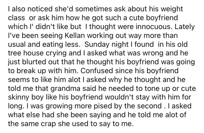 Recently, the OP discovered that her mother has been upsetting her son with hurtful comments about his weight.