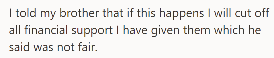 She threatened to cut off financial support if the situation occurred, which her brother deemed unfair.